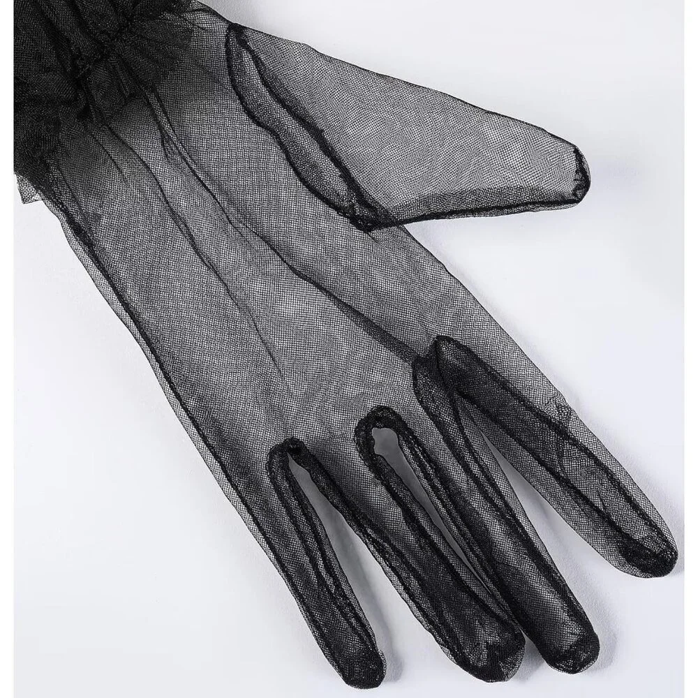 Women's Puffy Ruffle Black Tulle Sheer Mesh Party Prom One Size Short Gloves